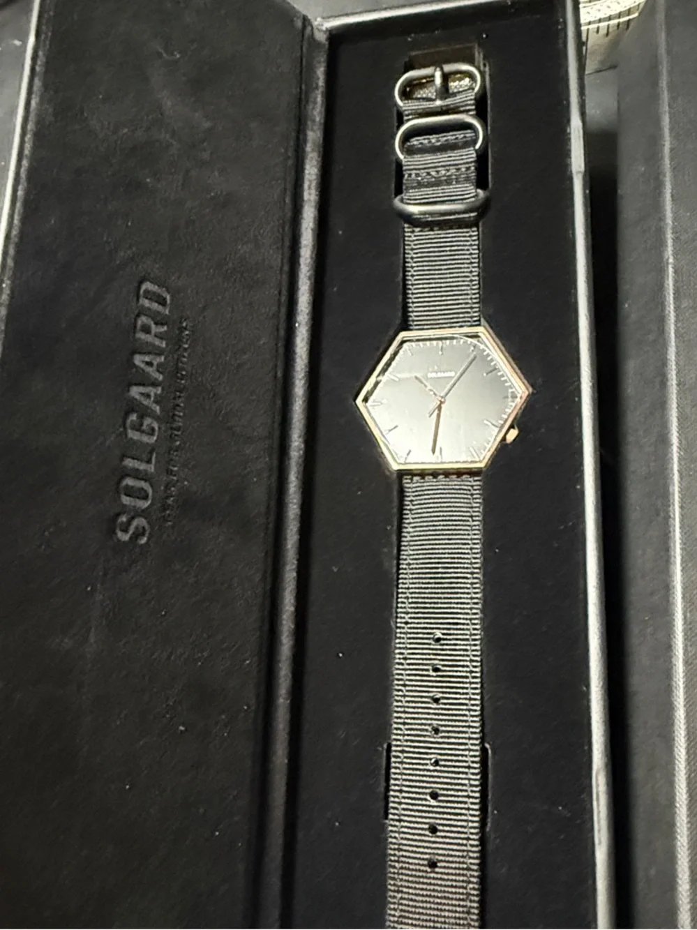 Solgaard Hexagonal Rose Gold Dial Watch with Black Nylon Strap.